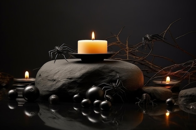 Simplistic Halloween decor featuring a stone with a candle climbing spiders and a bat