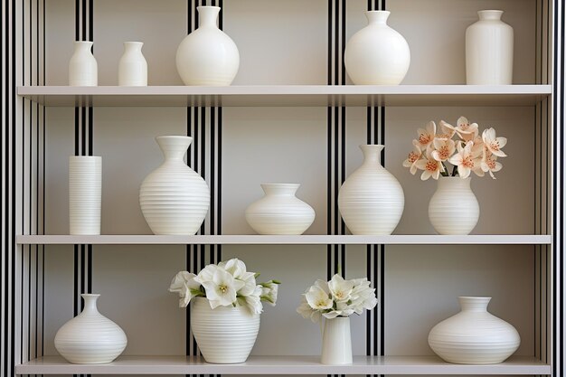 A simplistic idea of white flowers arranged in slender ceramic vases as well as a large contemporary...