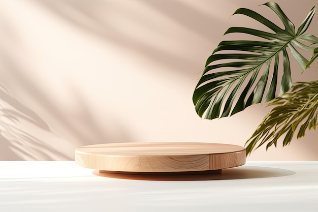 A simplistic and natural platform made from pine wood in the shape of a disc adorned with a tropica