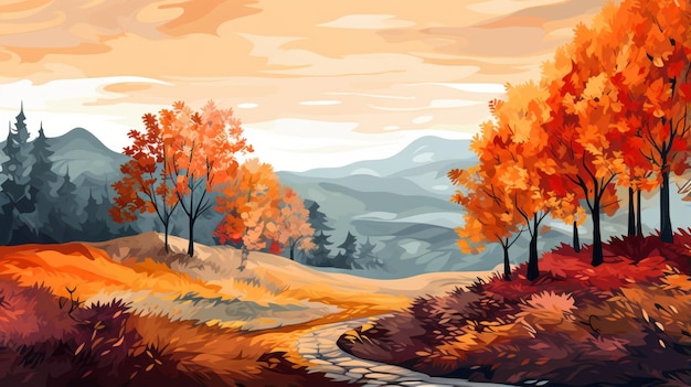 Simplistic Vector Art Autumn Landscape Painting With Mountainous Vistas