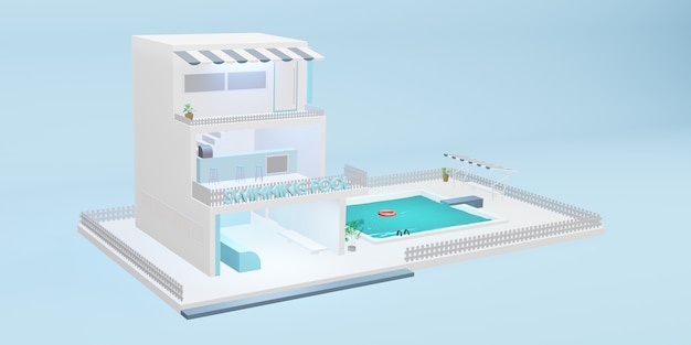 Simulated swimming pool three storey building cartoon model blue pastel 3d illustration