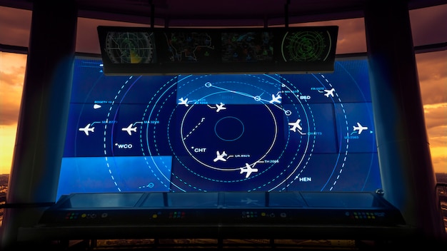 Foto simulatiescherm met verschillende vluchten voor transport en passagiers.