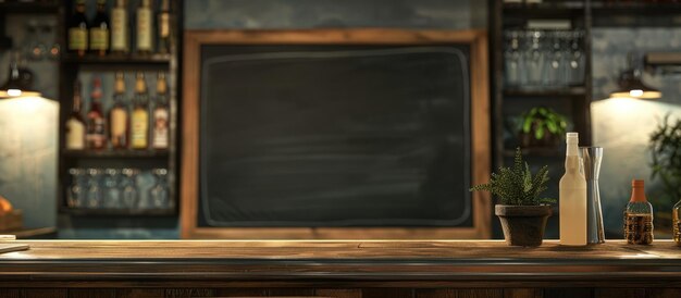 A simulation of a blank blackboard inside a bar shown in closeup created using techniques