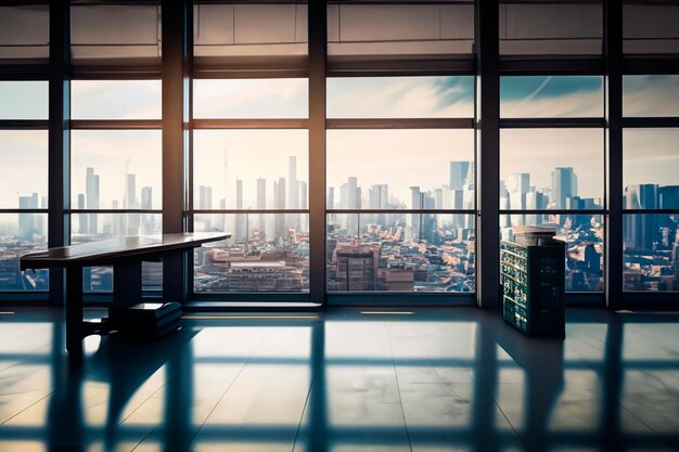 Photo simulation of an office from the top of a building with a view of the city