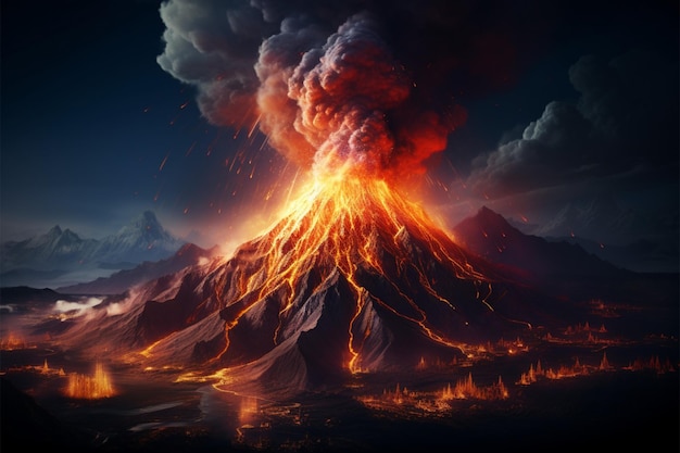 Simultaneous beauty and danger High res volcano eruption amidst a mesmerizing earthquake