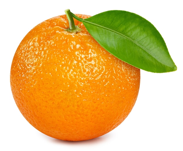 Sinaasappel geïsoleerd op witte achtergrond Proef sinaasappel met blad Volledige scherptediepte met uitknippad