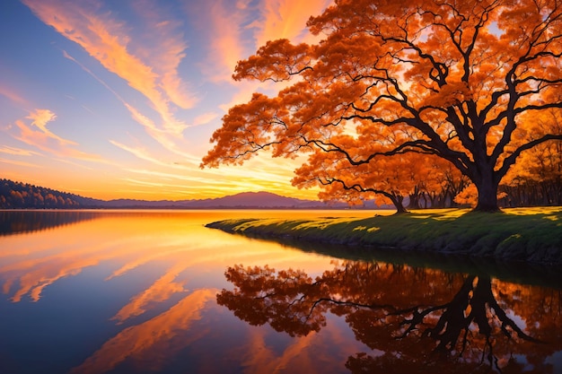 Sinaasappelbomen met een meer bij zonsondergang