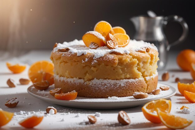 Sinaasappelcake met gedroogde abrikozen en poedersuiker