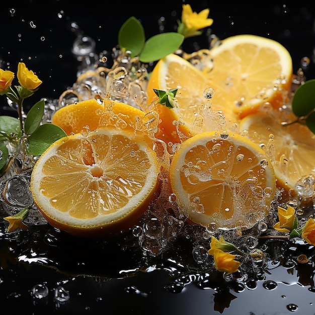 Sinaasappelen en citroenen zitten in een water met de woorden citroenen.