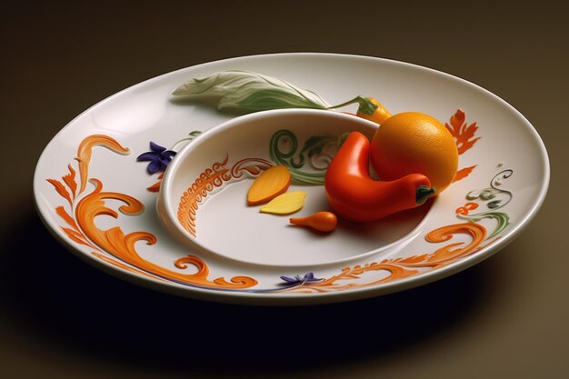 Foto sinaasappelen en peper op een decoratief bord