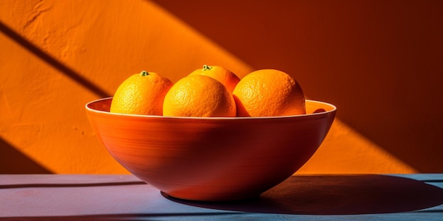 Sinaasappelen in een kom met een feloranje achtergrond