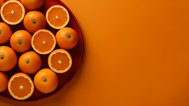 Sinaasappelen in een rode kom met sinaasappelen op een oranje achtergrond