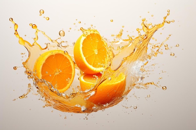 Sinaasappelen worden bespat met water en het woord sinaasappel.
