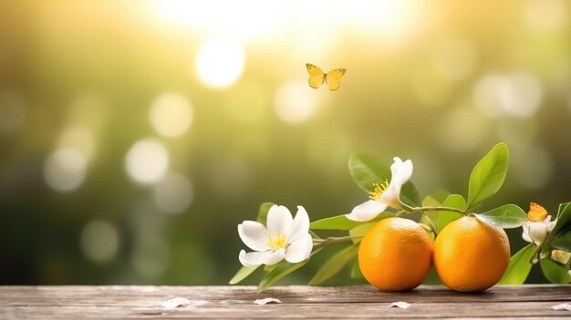 Sinaasappels en bloemen op een houten tafel met een vlinder op de tak