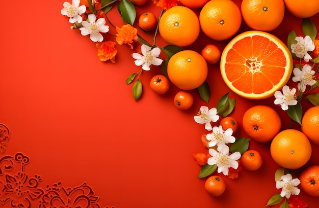 Foto sinaasappels en bloemen op rode achtergrond gelukkig chinees nieuwjaar copyspace voor tekst