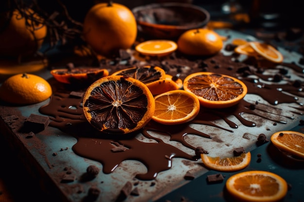 Sinaasappels en chocolade op een tafel met chocolade die langs de zijkant druipt.