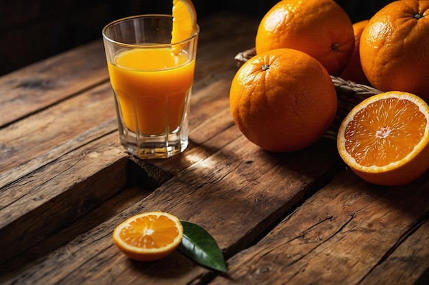 sinaasappels en sinaasappel sap op een rustieke houten ta