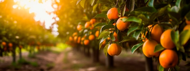 Sinaasappels groeien aan een boom in een oogsttuin Generatieve Ai