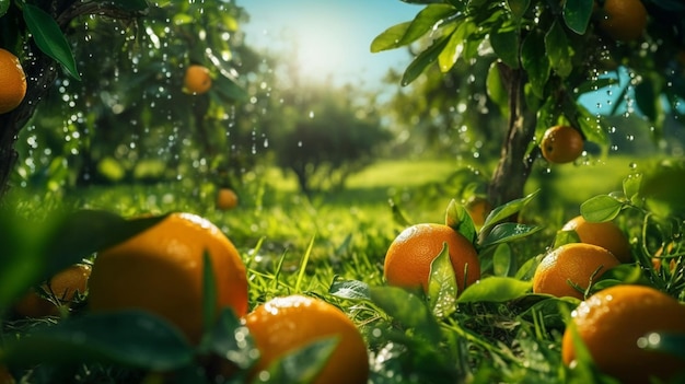 sinaasappels in de tuin met zon die door de bomen schijnt