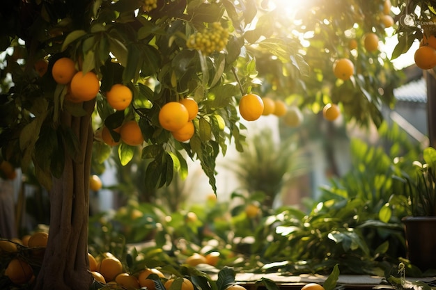 sinaasappels op de boom in de tuin met zonlicht