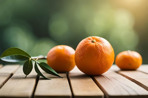 sinaasappels op een houten tafel met de zon erachter.