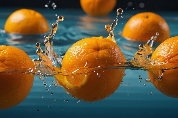 Foto sinaasappels vallen in een zwembad van sinaasappel sap het creëren van spetteringen