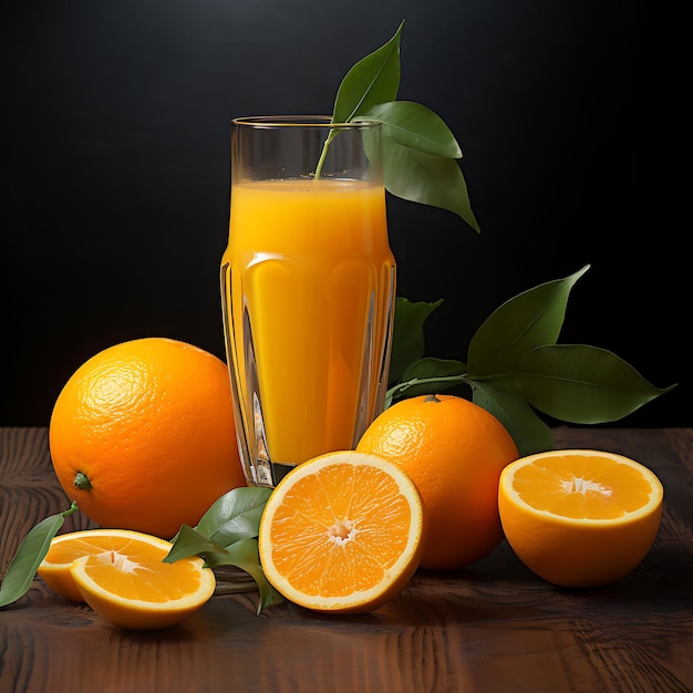 Sinaasappelsap en verse sinaasappelen op een zwarte achtergrond