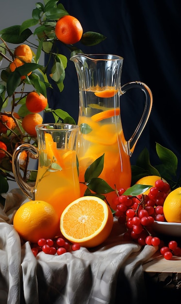 Foto sinaasappelsap in een glas en vers fruit op een houten tafel