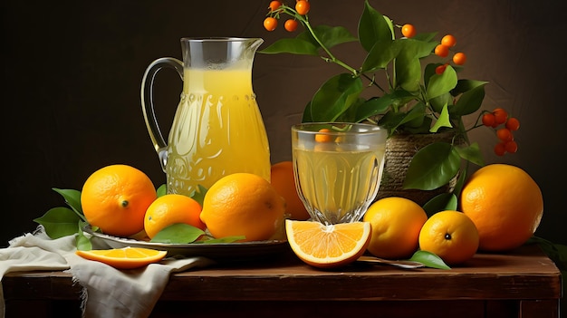 Foto sinaasappelsap in een glas en vers fruit op een houten tafel