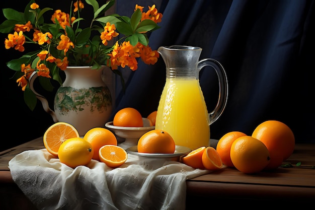 Foto sinaasappelsap in een glas en vers fruit op een houten tafel