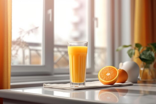 sinaasappelsap in een glas met fruit op de keukentafel