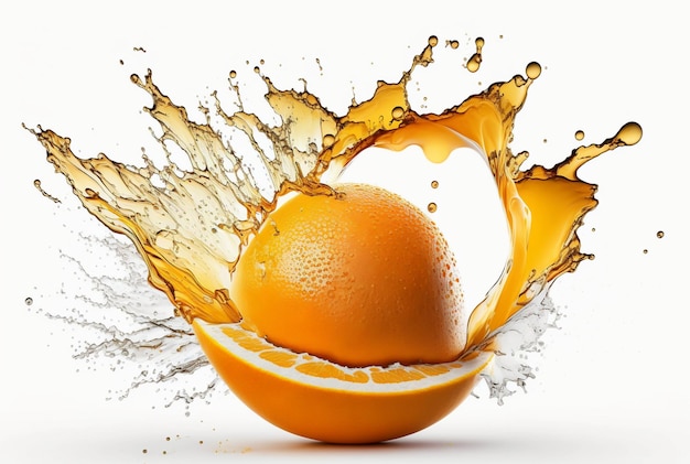 Sinaasappelschijfje met jus d'orange splash geïsoleerd op witte achtergrond Generatieve AI