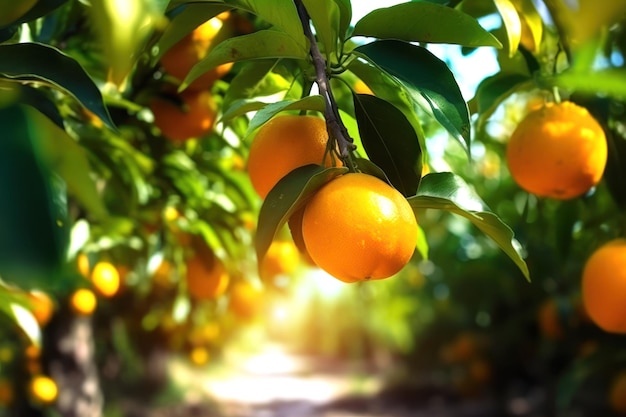 sinaasappeltuin Biologische sinaasappeltuin fruitboomgaard achtergrond Close-up Generatieve AI