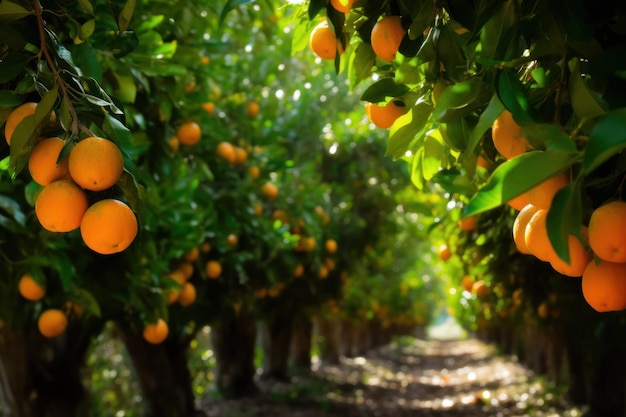 sinaasappeltuin Biologische sinaasappeltuin fruitboomgaard achtergrond Close-up Generatieve AI