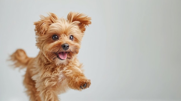 Sincere emotions Maltipu little dog is posing Cute playful braun doggy or pet playing on white studio background Concept of motion action movement pets love Looks happy delighted funny