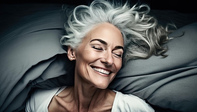 Искренняя улыбка ликующей зрелой женщины с белыми волосами просыпается Генеративный ИИ