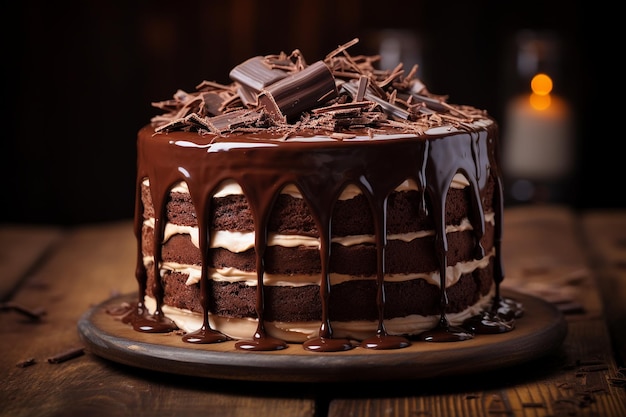 Sinful Chocolate Cake with Chocolate Sauce and Chocolate Curls