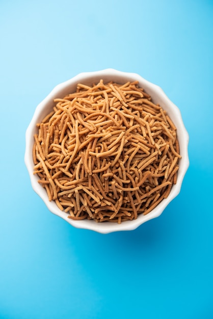 Singada or singhara garlic sev, Namkeen shev a vrat food made using water chestnut served in a bowl