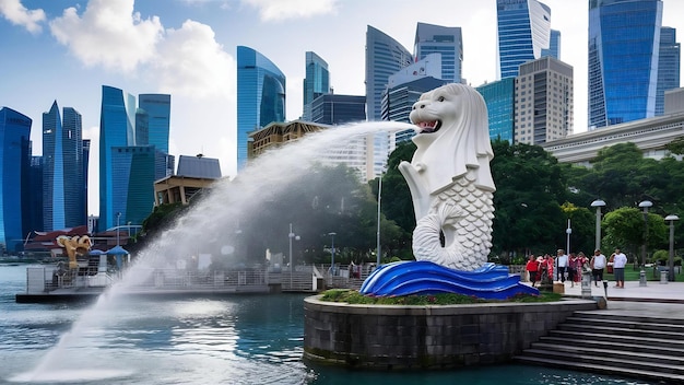 Singapore 1 maart 2016 Merlion standbeeld spuit het water uit zijn mond bij Merlion