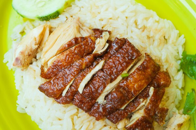 Singapore chicken meat and rice on a plate