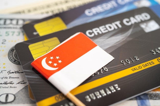 Bandiera di singapore sulla carta di credito. sviluppo finanziario, conto bancario, statistiche, economia dei dati di ricerca analitica degli investimenti, negoziazione in borsa, concetto di società d'affari.