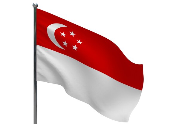 Singapore flag on pole. Metal flagpole. National flag of Singapore 3D illustration on white