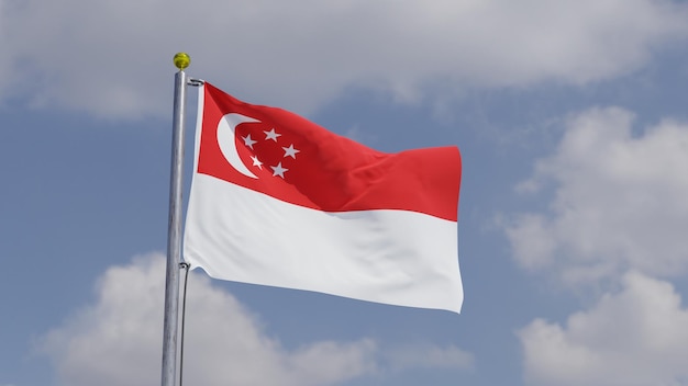 singapore flag waving on a flag pole background sky with clouds