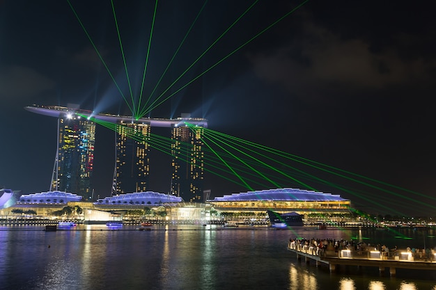 SINGAPORE - July 9, 2015: Marina Bay Sands at night during Light and Water Show 'Wonder Full'.  Singapore on July 9, 2015