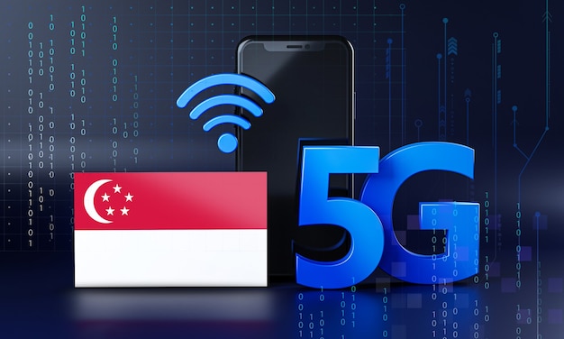 Singapore klaar voor 5G-verbindingsconcept. 3D-rendering Smartphone technische achtergrond