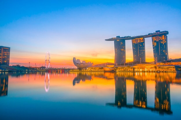 Singapore. Many attractions in Marina Bay. Morning with sunrise behind the hotel