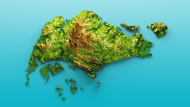 Карта Сингапура Затененный рельеф Цвет Карта высоты на море Синий фон 3d иллюстрация