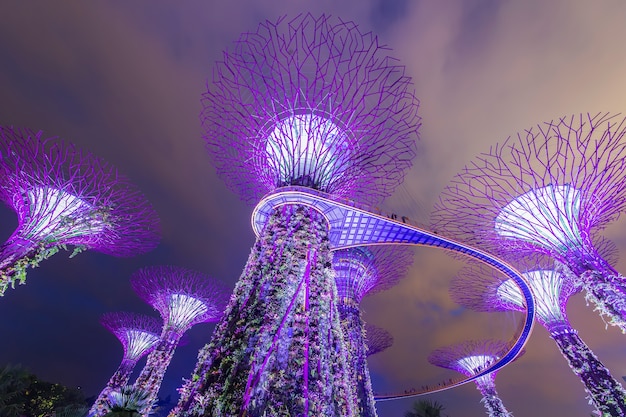 사진 싱가포르 - 3월 15일: 싱가포르에서 2015년 3월 15일 황혼의 베이 바이 가든스. gardens by the bay는 올해의 세계 건물로 선정되었습니다.