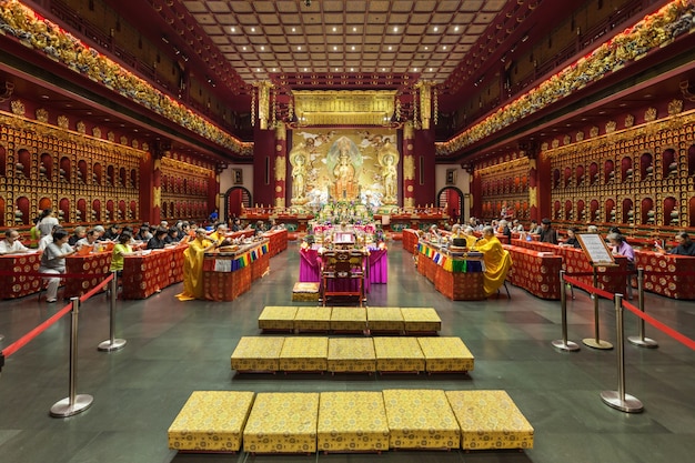 SINGAPORE - OCTOBER 16, 2014: Inside the Buddha Tooth Relic Temple. It is a Buddhist temple located in the Chinatown district of Singapore.