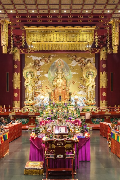 SINGAPORE - OCTOBER 16, 2014: Inside the Buddha Tooth Relic Temple. It is a Buddhist temple located in the Chinatown district of Singapore.